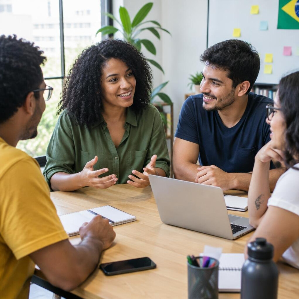 Small group discussing ideas around a table